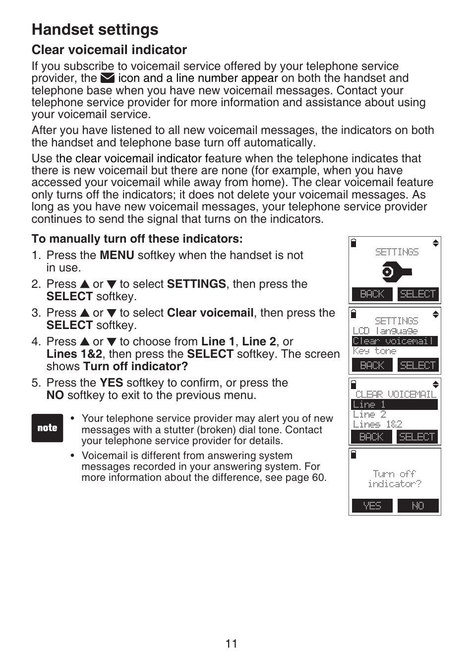 Clear voicemail indicator, Handset settings | VTech DS6151 Manual User Manual | Page 15 / 95