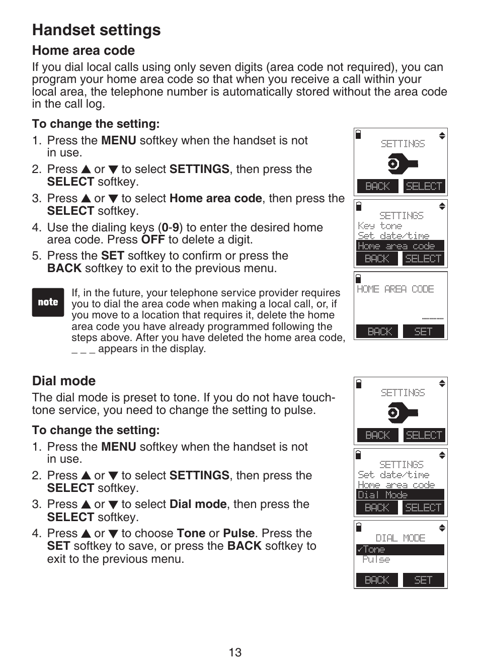 Home area code, Dial mode, Handset settings | VTech DS6151 Manual User Manual | Page 17 / 95