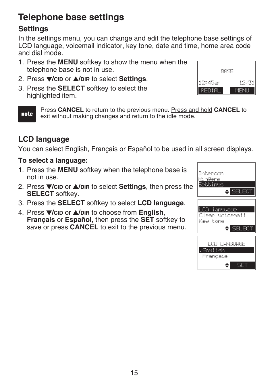 Telephone base settings, Settings, Lcd language | Telephone base settings settings | VTech DS6151 Manual User Manual | Page 19 / 95