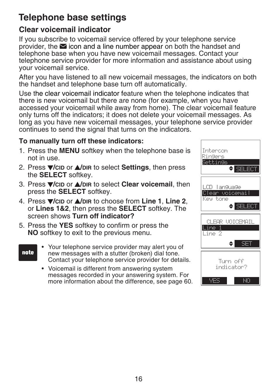 Clear voicemail indicator, Telephone base settings | VTech DS6151 Manual User Manual | Page 20 / 95