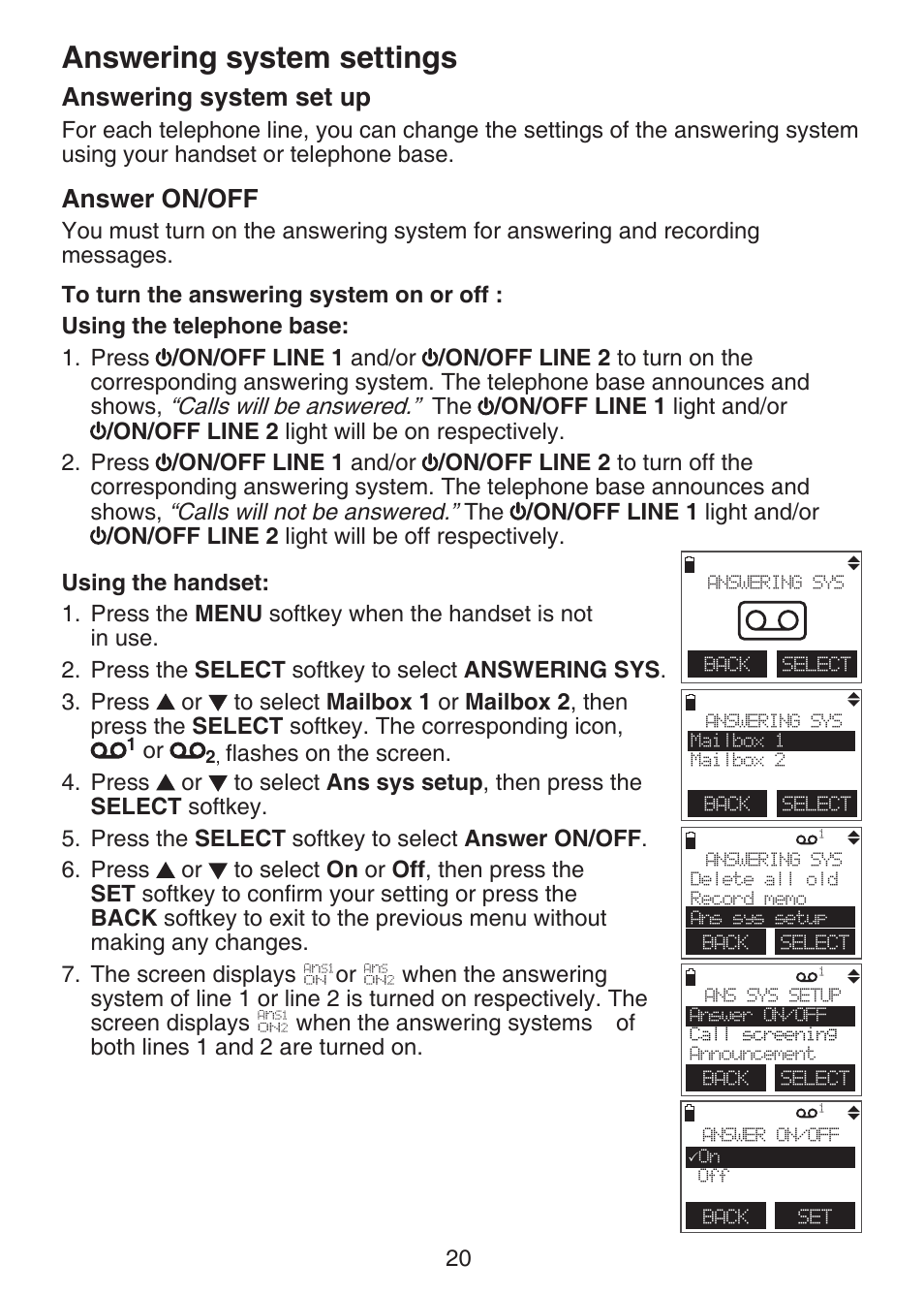 Answering system settings, Answering system set up, Answer on/off | Answering system settings answering system set up | VTech DS6151 Manual User Manual | Page 24 / 95