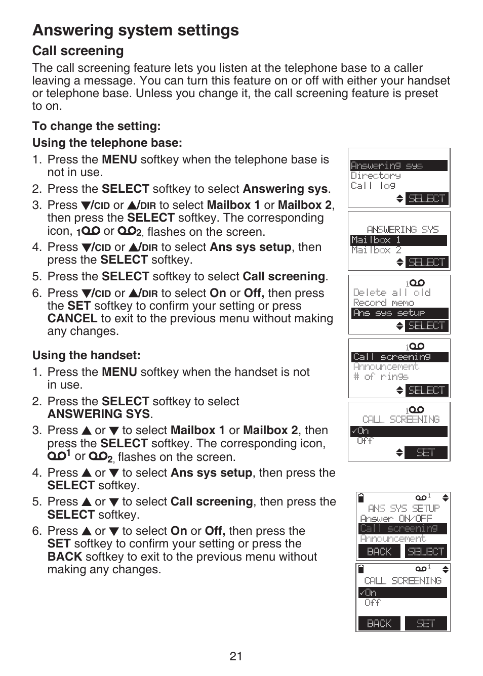 Call screening, Answering system settings | VTech DS6151 Manual User Manual | Page 25 / 95