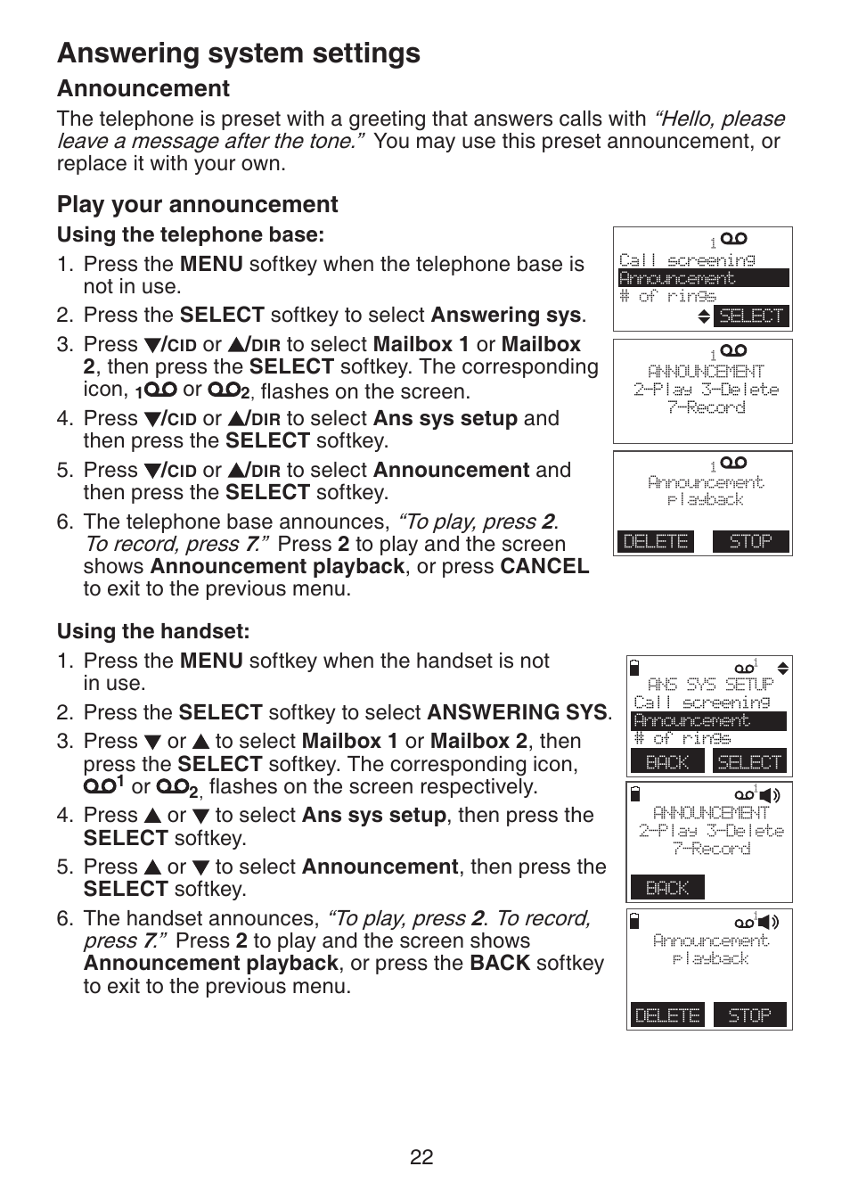 Announcement, Play your announcement, Answering system settings | VTech DS6151 Manual User Manual | Page 26 / 95