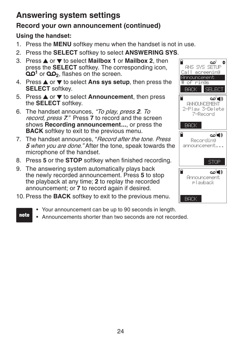 Answering system settings, Record your own announcement (continued) | VTech DS6151 Manual User Manual | Page 28 / 95