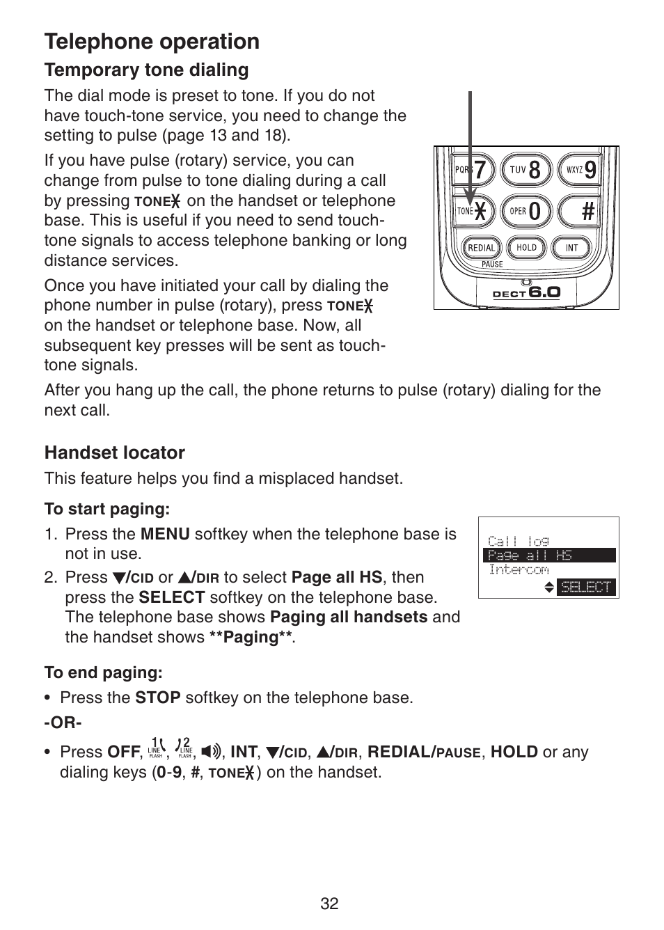 Temporary tone dialing, Handset locator, Telephone operation | VTech DS6151 Manual User Manual | Page 36 / 95