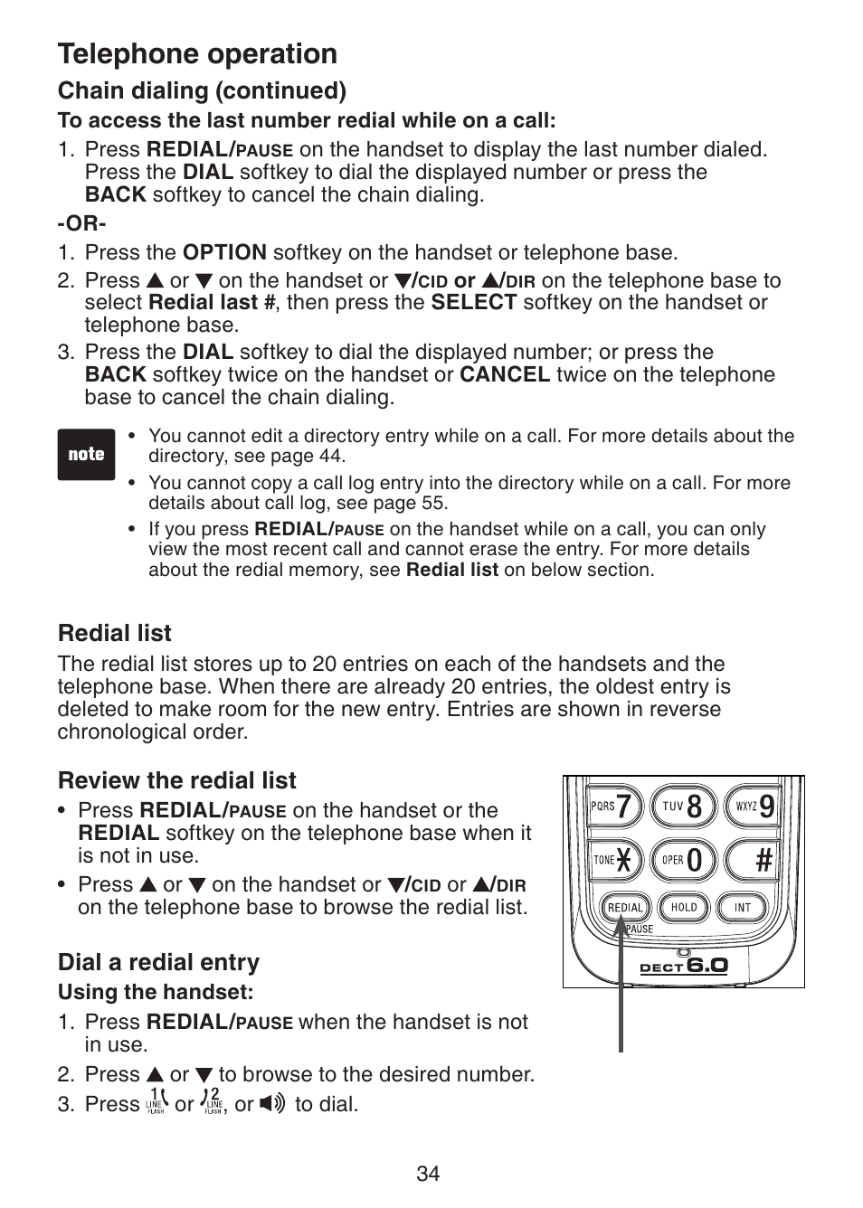 Redial list, Review the redial list, Dial a redial entry | Telephone operation, Chain dialing (continued) | VTech DS6151 Manual User Manual | Page 38 / 95