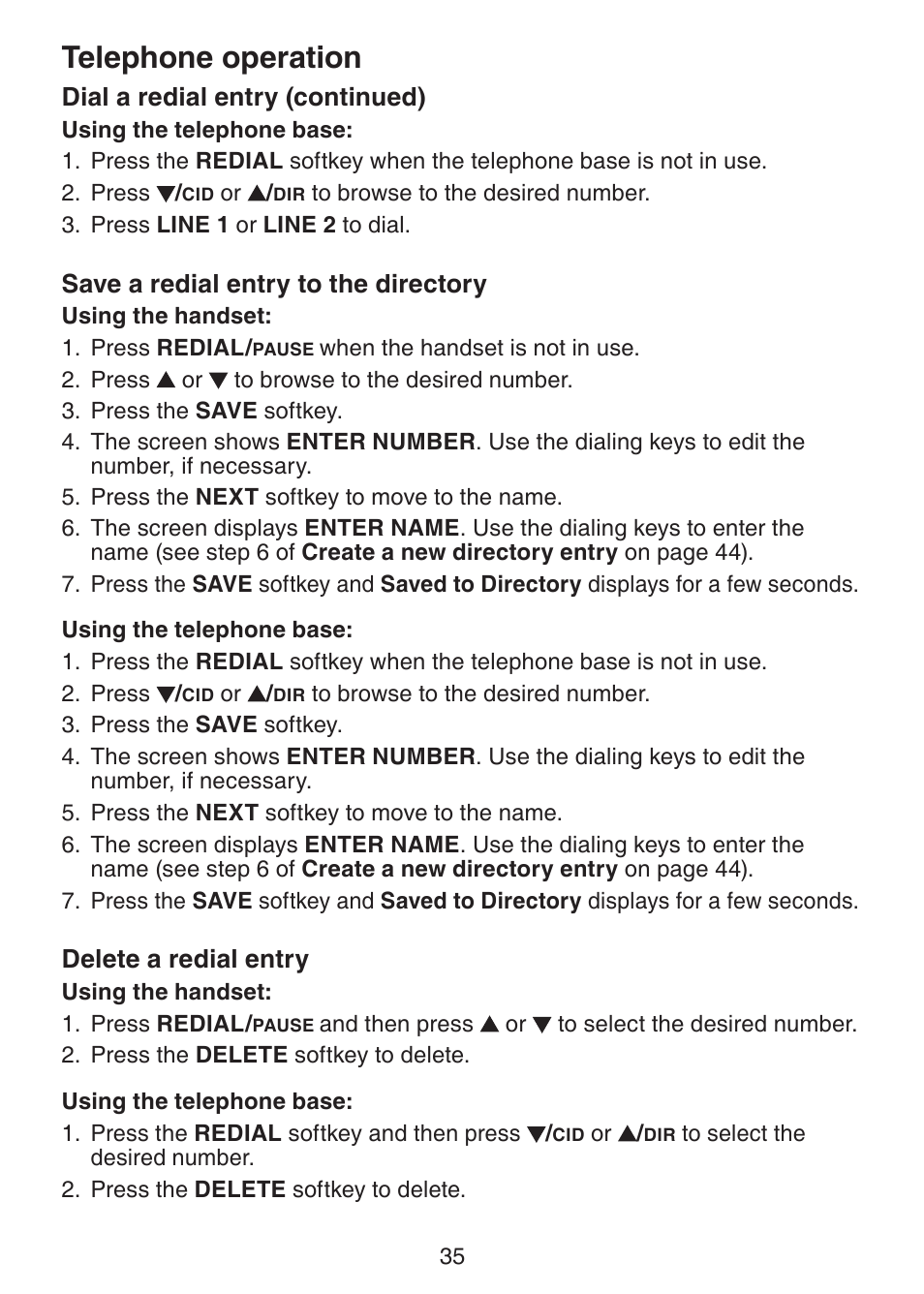 Save a redial entry to the directory, Delete a redial entry, Save a redial entry to | The directory, Telephone operation | VTech DS6151 Manual User Manual | Page 39 / 95