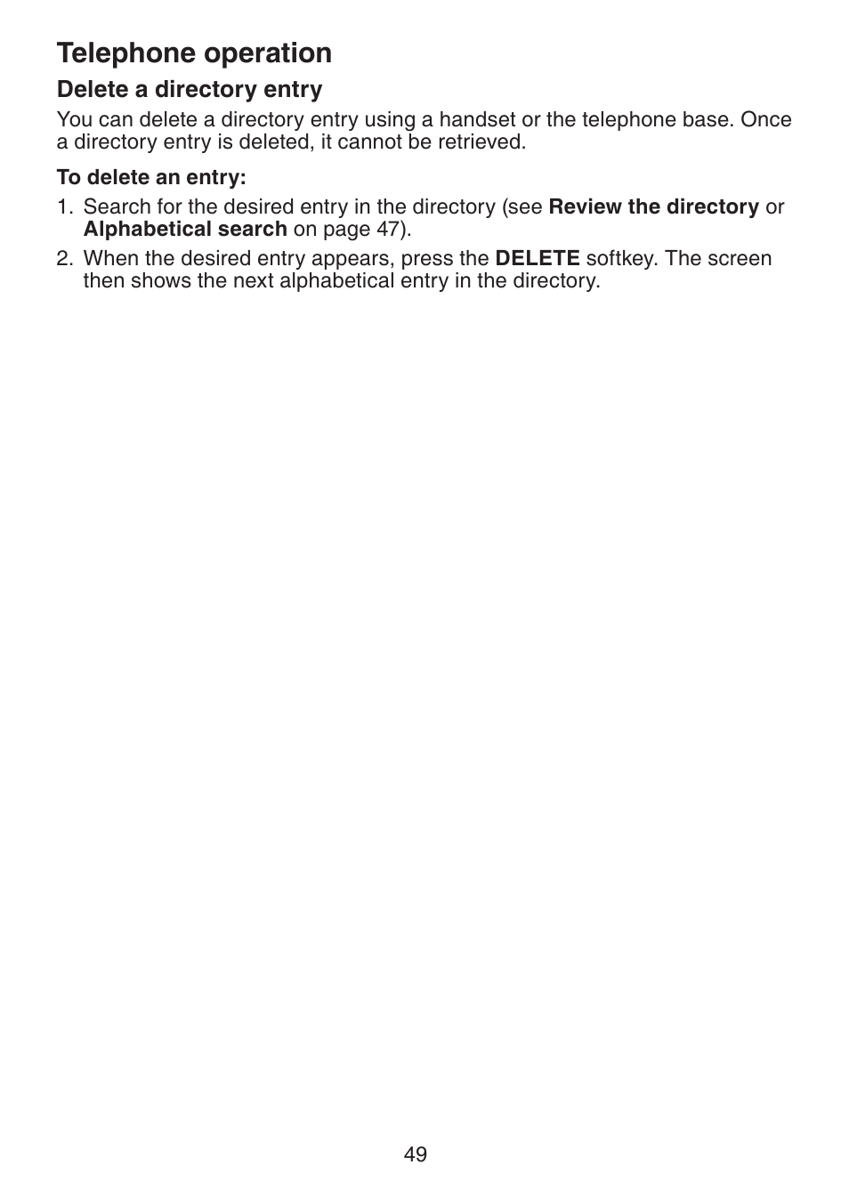 Delete a directory entry, Telephone operation | VTech DS6151 Manual User Manual | Page 53 / 95