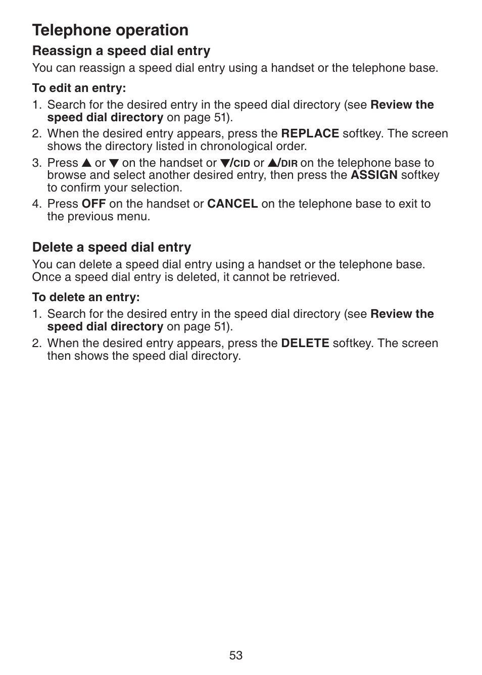 Reassign a speed dial entry, Delete a speed dial entry, Telephone operation | VTech DS6151 Manual User Manual | Page 57 / 95