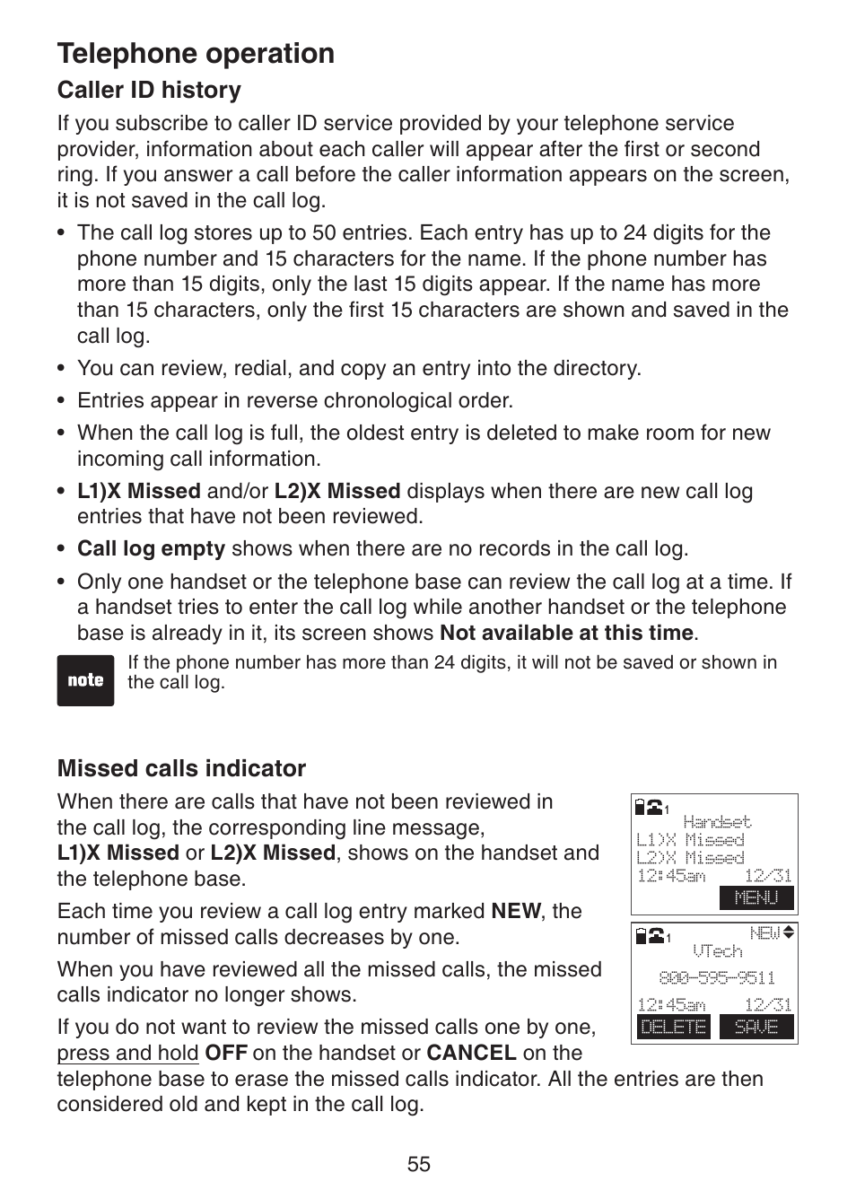 Caller id history, Missed calls indicator, Telephone operation | VTech DS6151 Manual User Manual | Page 59 / 95