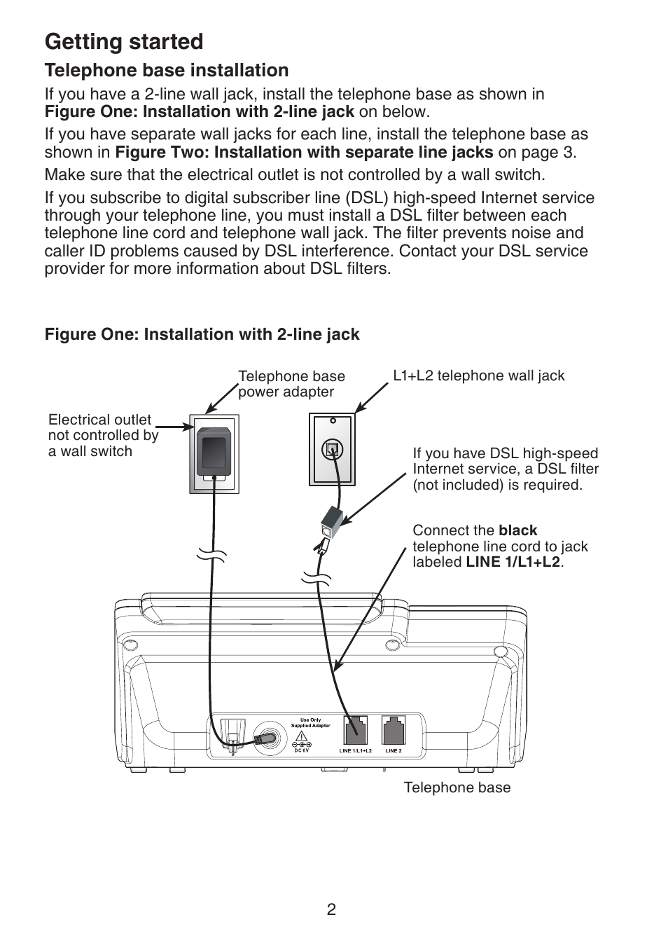 Telephone base installation, Getting started | VTech DS6151 Manual User Manual | Page 6 / 95
