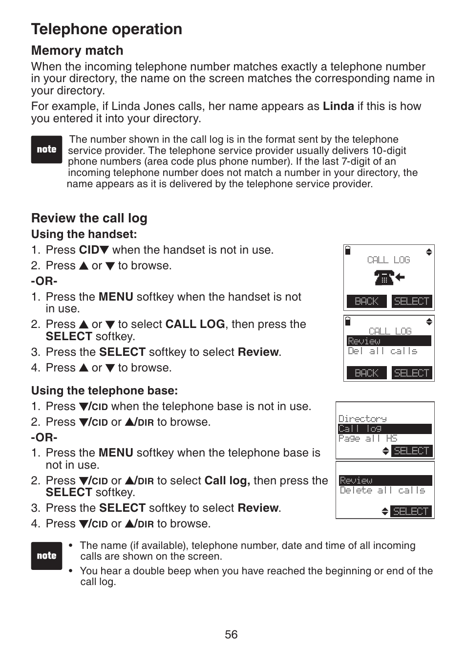 Memory match, Review the call log, Telephone operation | VTech DS6151 Manual User Manual | Page 60 / 95