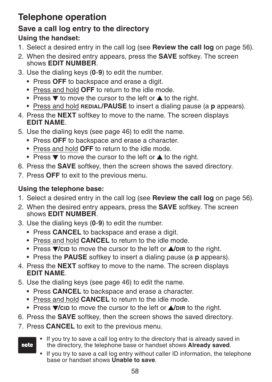 Save a call log entry to the directory, Save a call log entry to, The directory | Telephone operation | VTech DS6151 Manual User Manual | Page 62 / 95