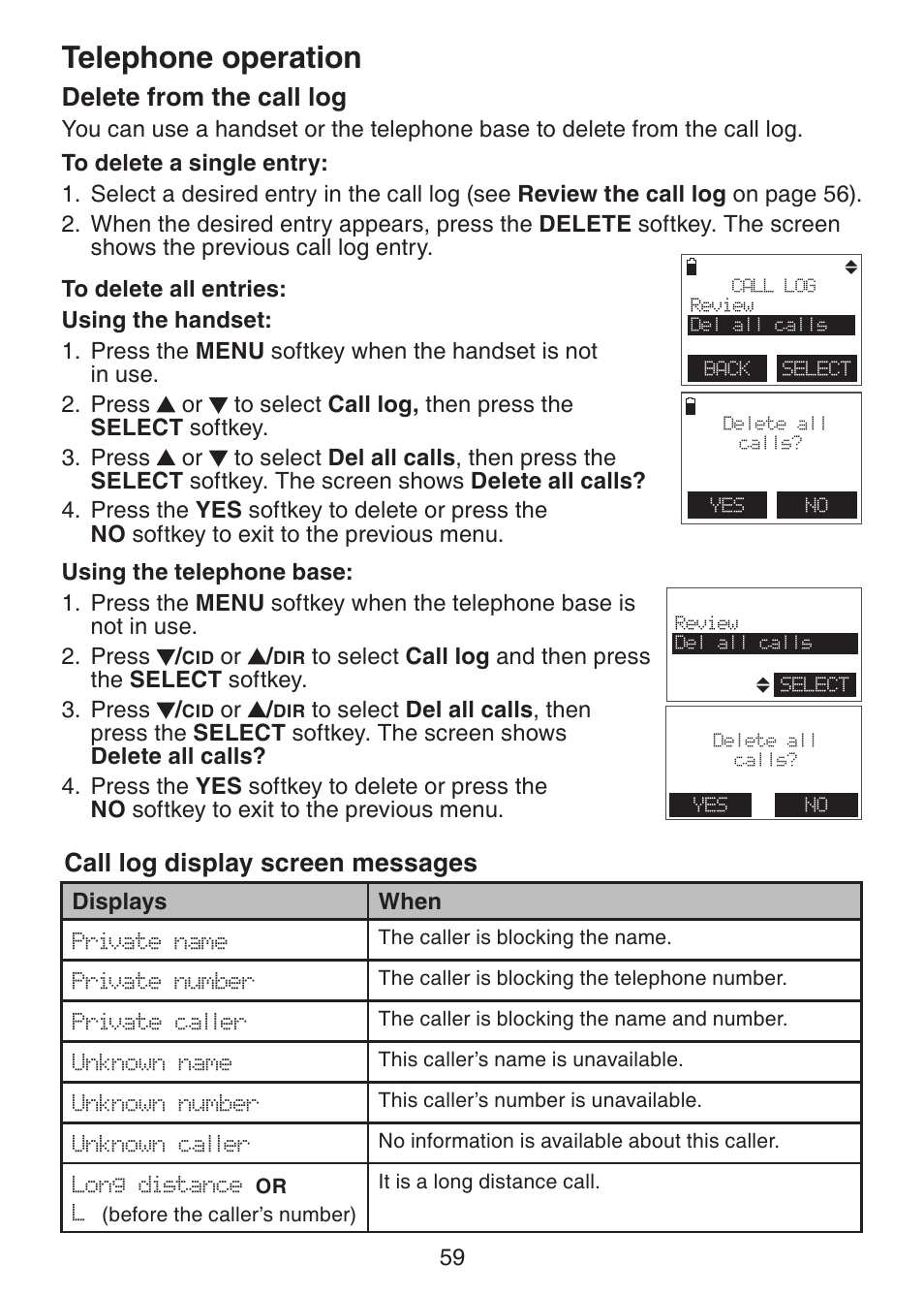 Delete from the call log, Call log display screen messages, Call log display screen | Messages, Telephone operation | VTech DS6151 Manual User Manual | Page 63 / 95