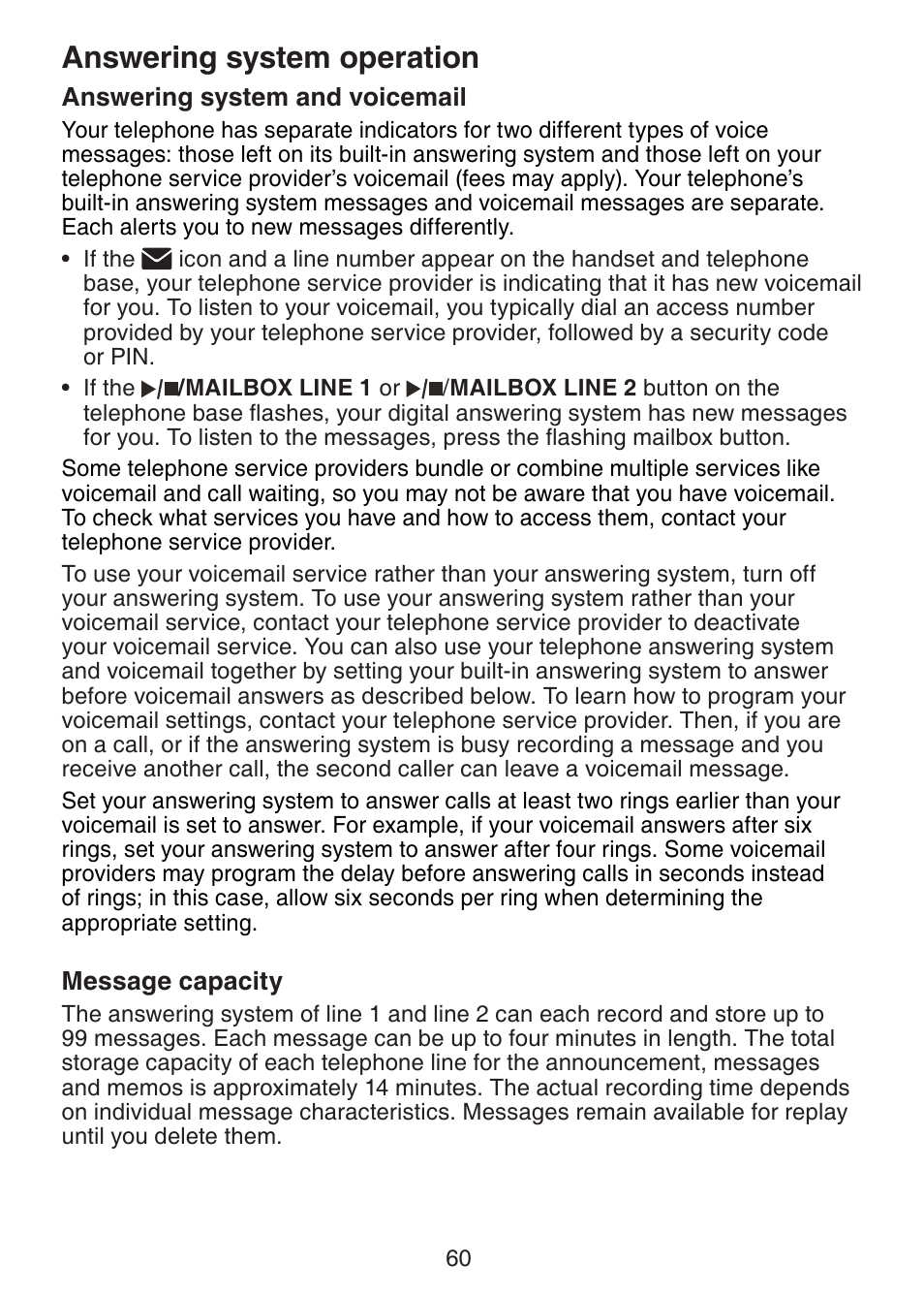 Answering system operation, Answering system and voicemail, Message capacity | Answering system operation answering system and, Voicemail | VTech DS6151 Manual User Manual | Page 64 / 95