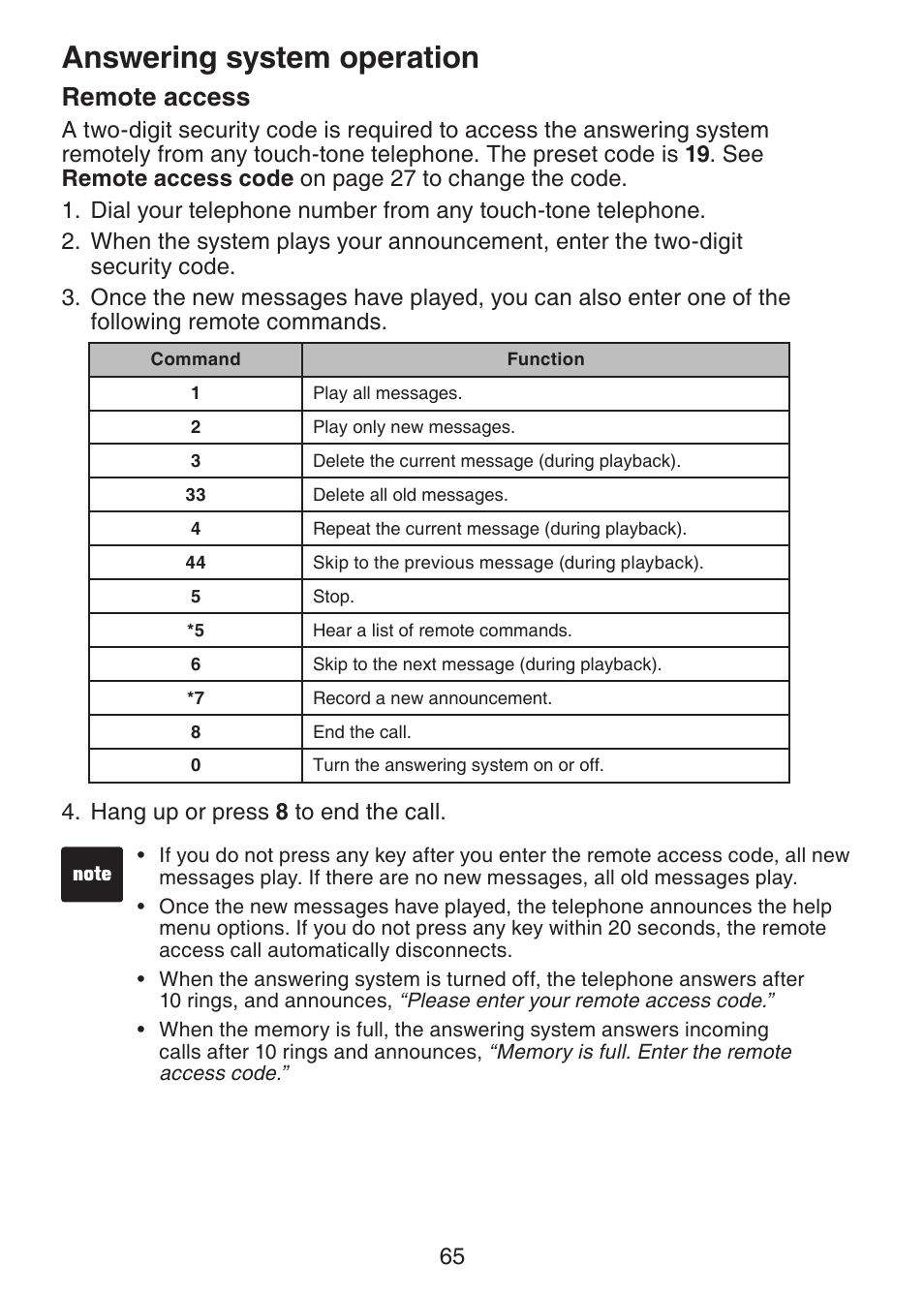 Remote access, Answering system operation | VTech DS6151 Manual User Manual | Page 69 / 95