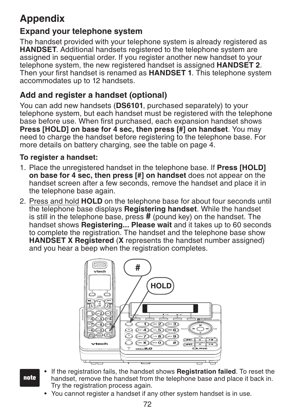 Expand your telephone system, Add and register a handset (optional), Expand your telephone | System, Add and register a handset, Optional), Appendix | VTech DS6151 Manual User Manual | Page 76 / 95