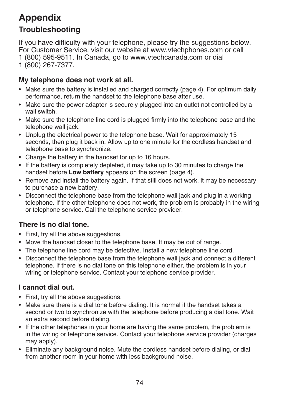 Troubleshooting, Appendix | VTech DS6151 Manual User Manual | Page 78 / 95