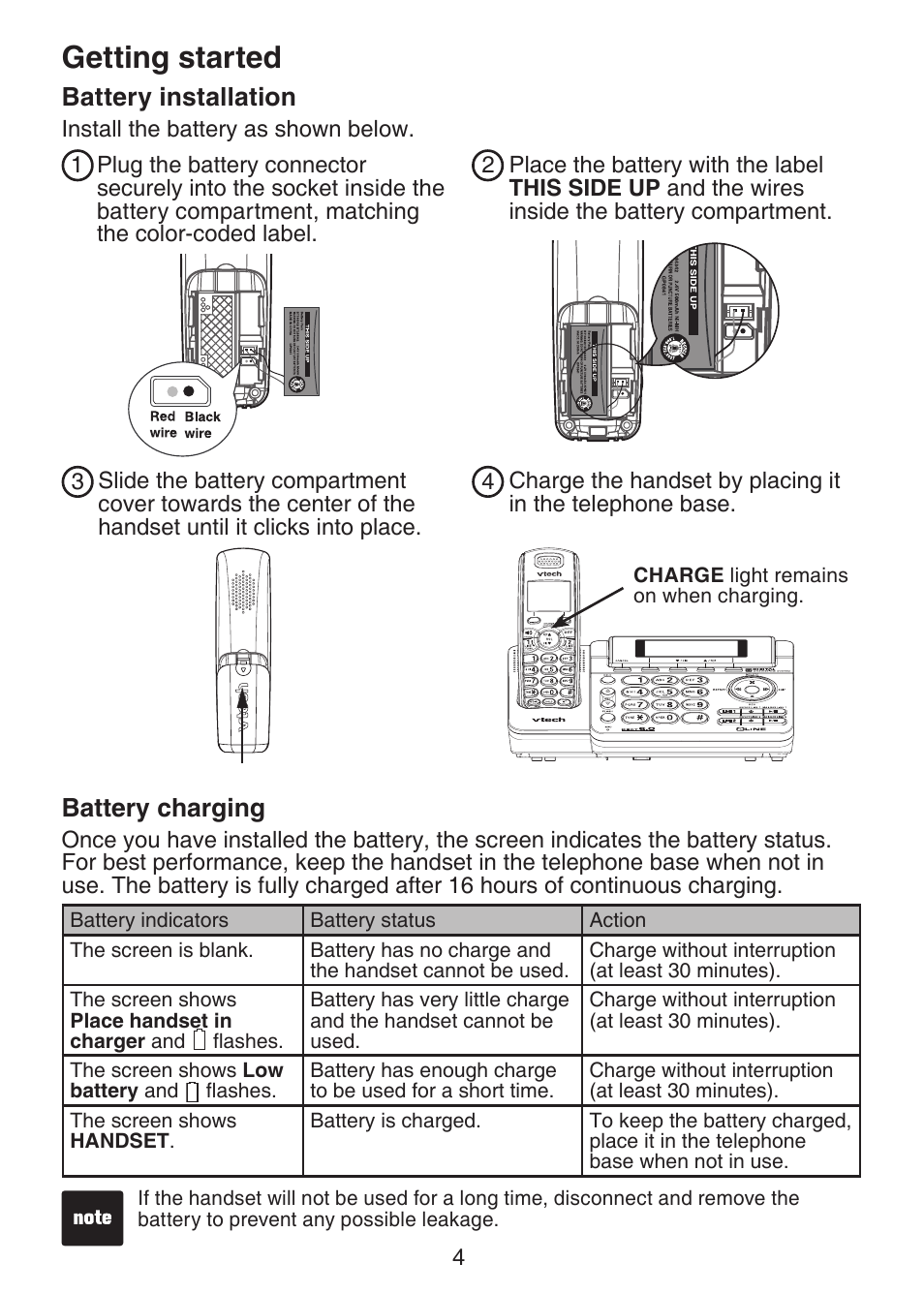 Battery installation, Getting started, Battery charging | VTech DS6151 Manual User Manual | Page 8 / 95