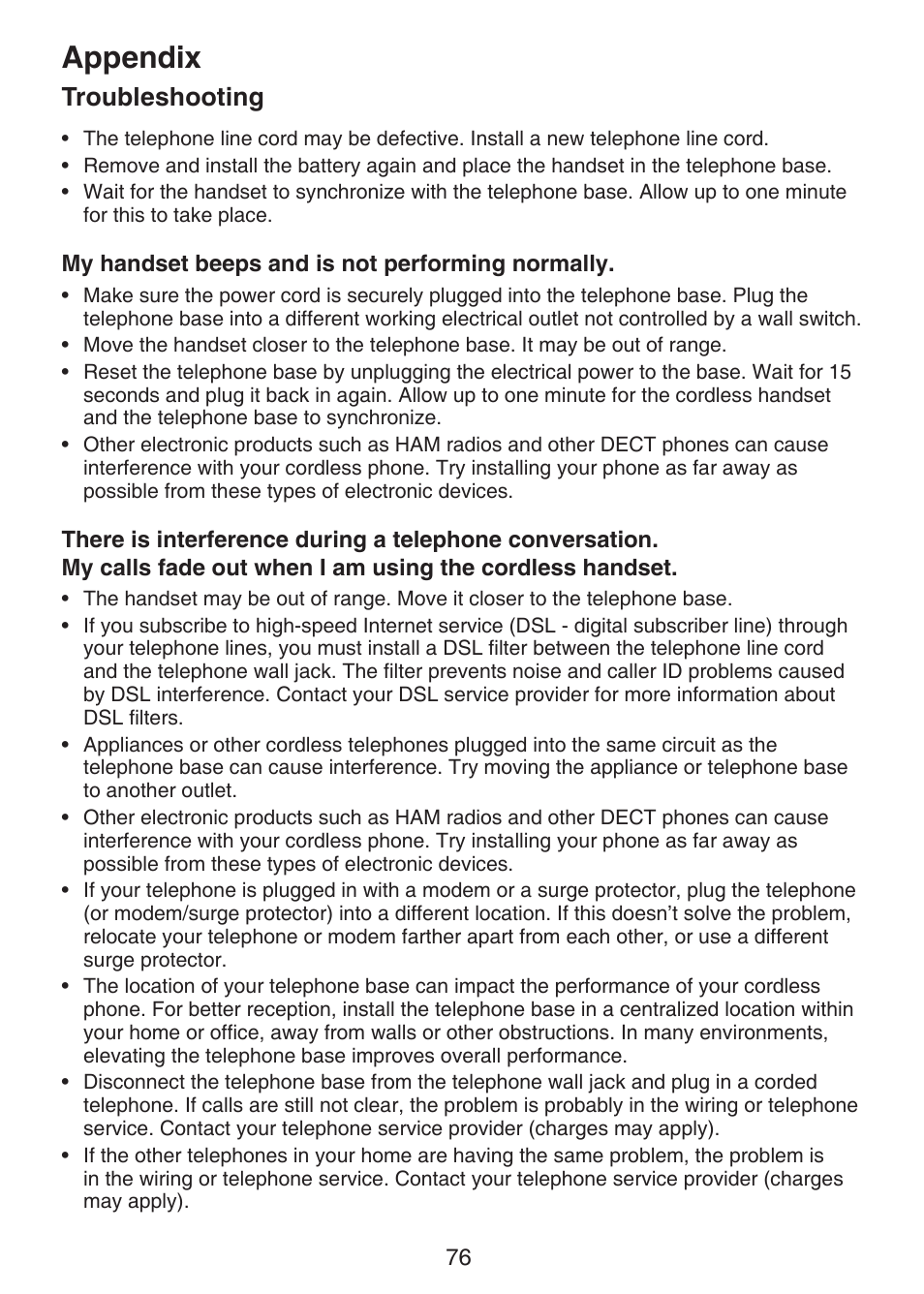 Appendix, Troubleshooting | VTech DS6151 Manual User Manual | Page 80 / 95