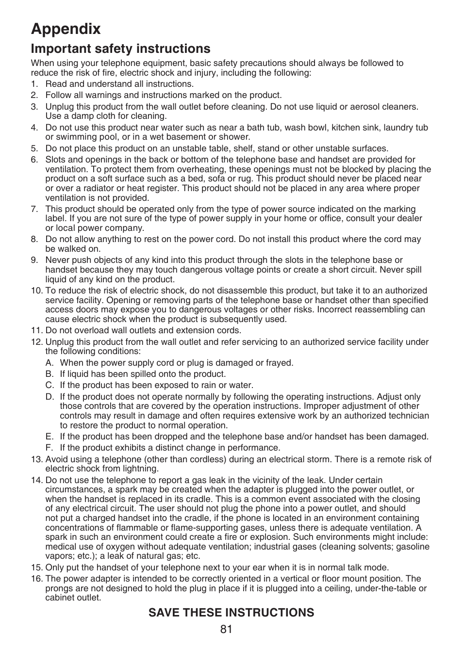 Important safety instructions, Appendix, Save these instructions | VTech DS6151 Manual User Manual | Page 85 / 95