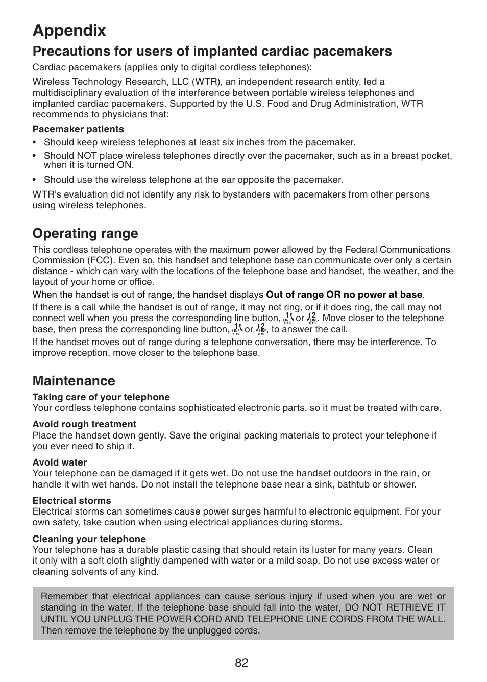 Operating range, Maintenance, Precautions for users of | Implanted cardiac, Pacemakers, Appendix | VTech DS6151 Manual User Manual | Page 86 / 95