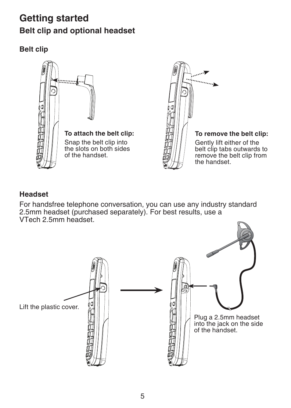 Battery charging, Getting started, Belt clip and optional headset | VTech DS6151 Manual User Manual | Page 9 / 95