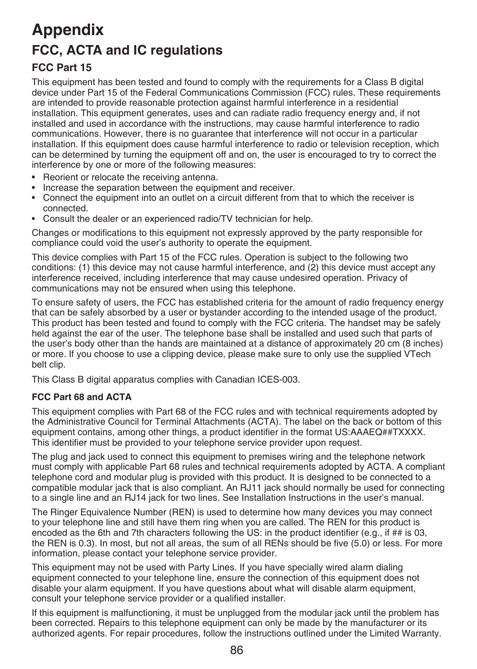 Fcc, acta and ic regulations, Appendix | VTech DS6151 Manual User Manual | Page 90 / 95
