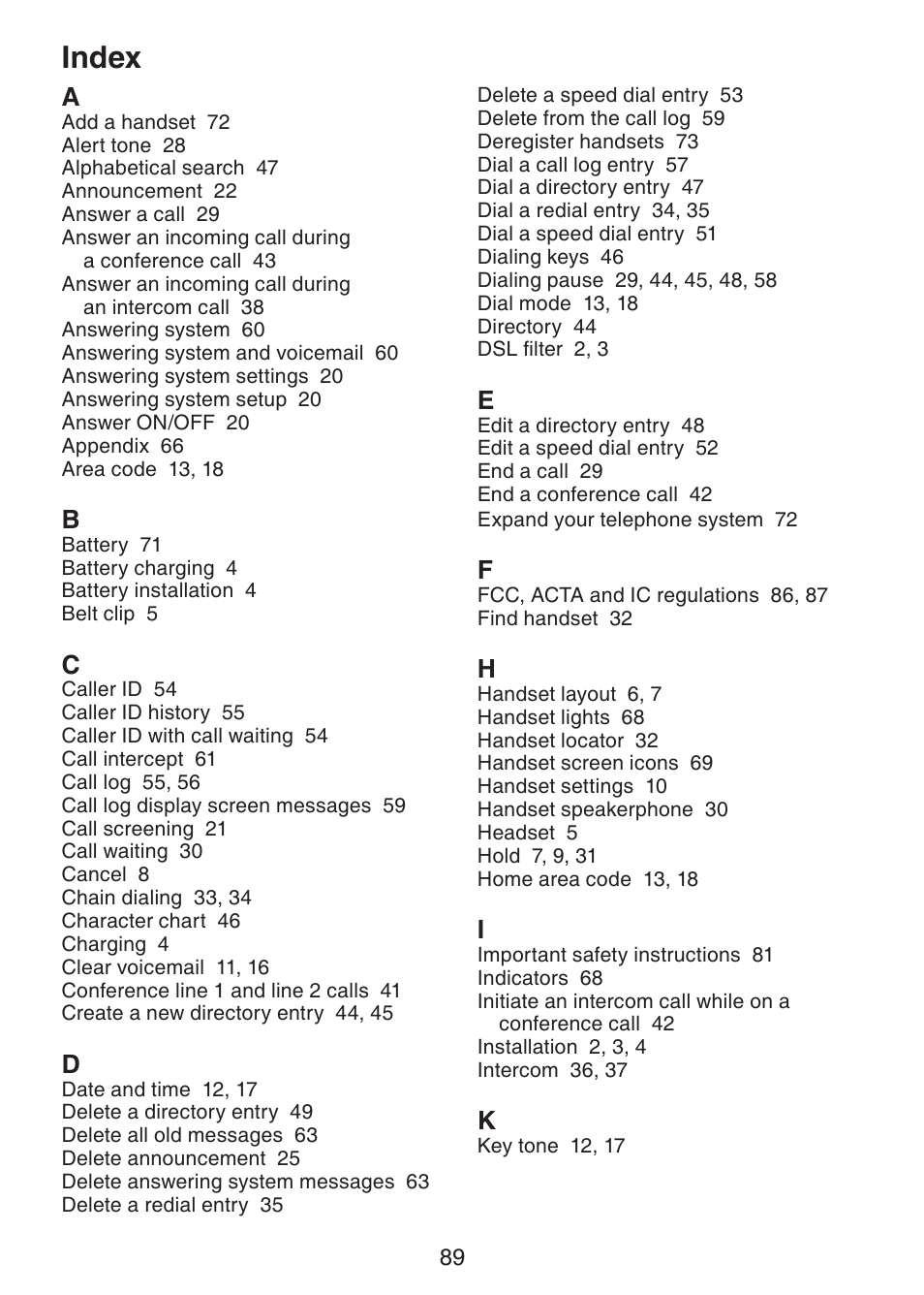 Index | VTech DS6151 Manual User Manual | Page 93 / 95