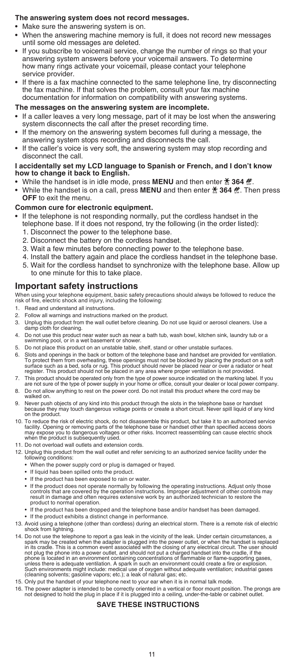 Important safety instructions | VTech LS6195_-13-15-16-17 Abridged manual User Manual | Page 11 / 14