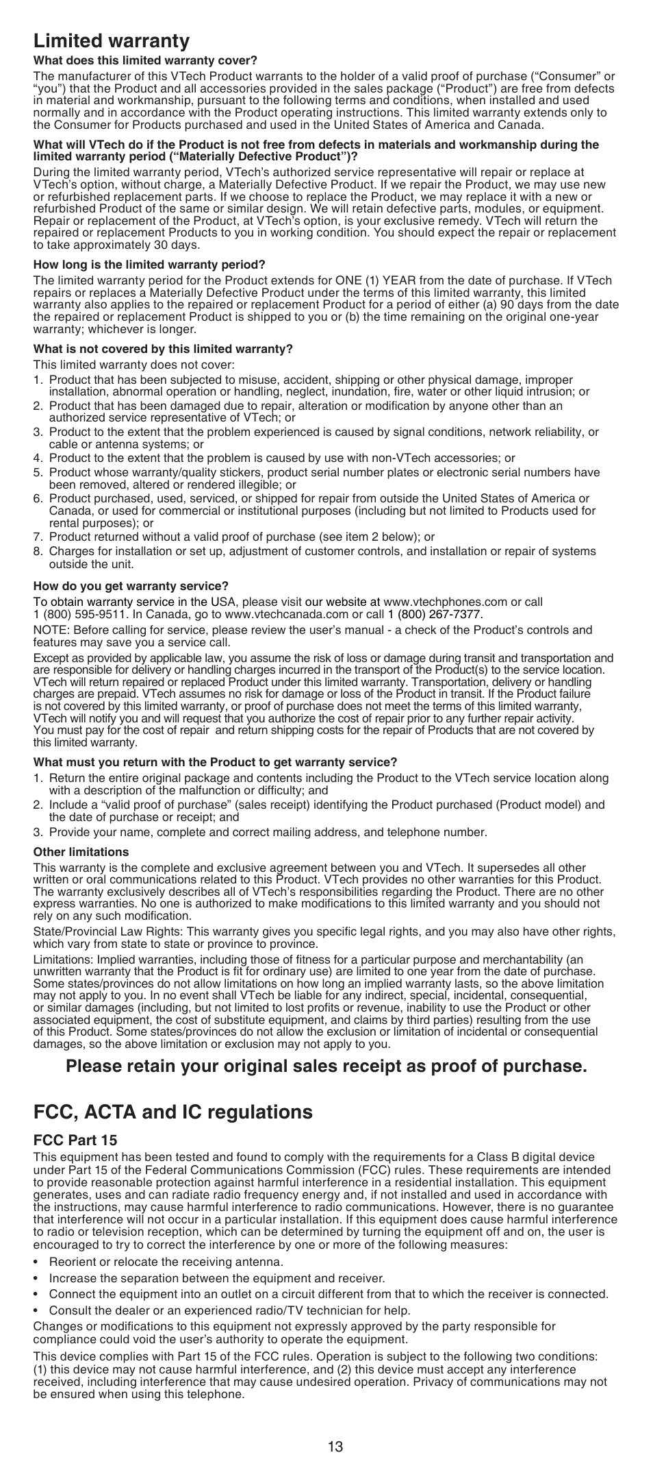 Limited warranty, Fcc, acta and ic regulations, Fcc part 15 | VTech LS6195_-13-15-16-17 Abridged manual User Manual | Page 13 / 14