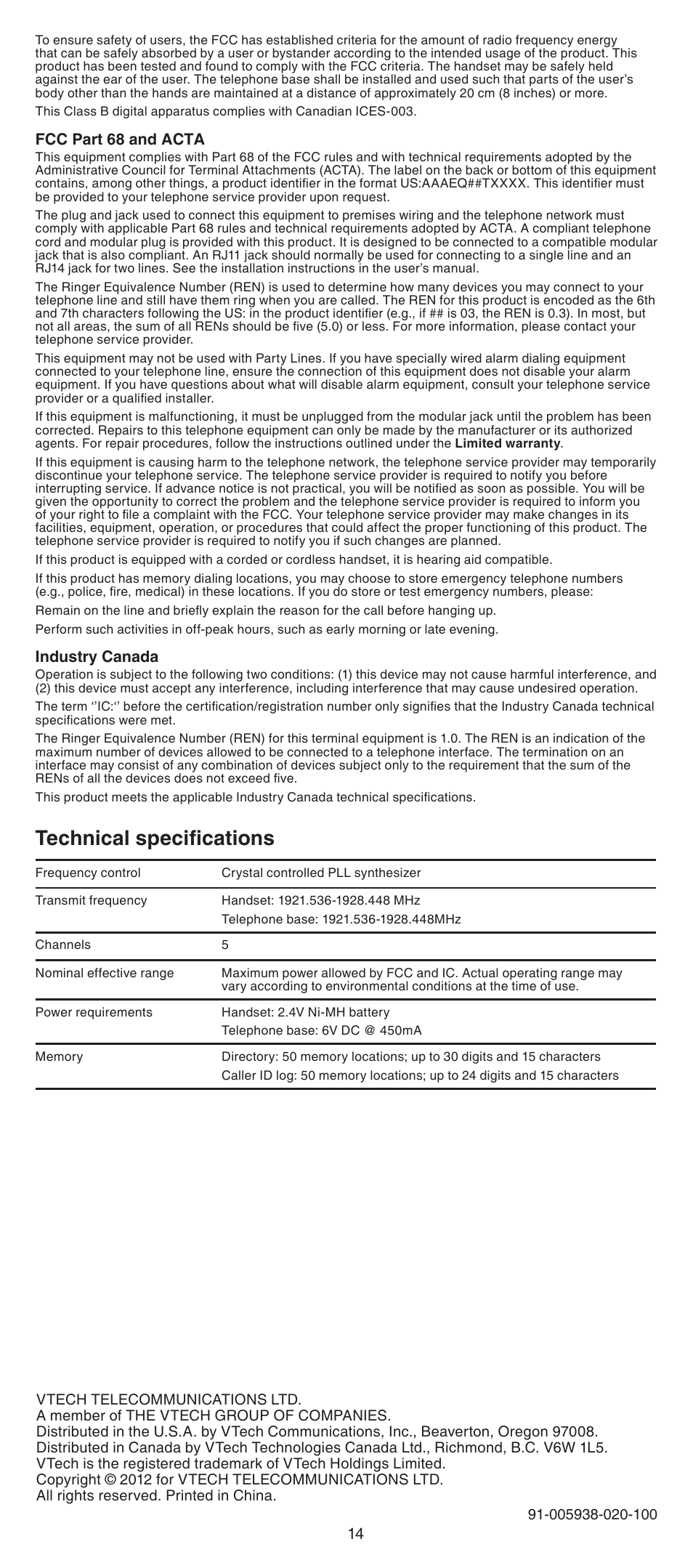 Technical specifications ..................4, Technical specifications | VTech LS6195_-13-15-16-17 Abridged manual User Manual | Page 14 / 14