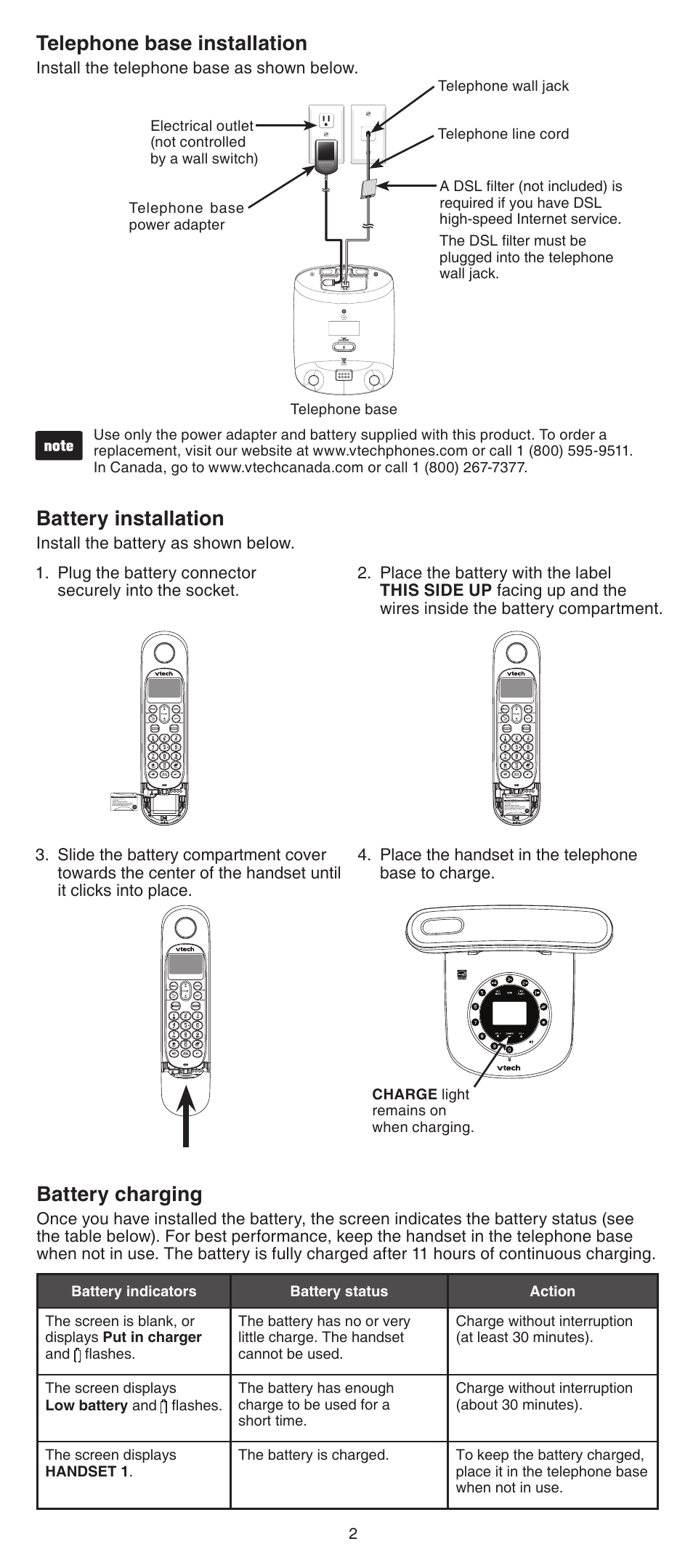 Telephone base installation, Battery charging, Battery installation | VTech LS6195_-13-15-16-17 Abridged manual User Manual | Page 2 / 14