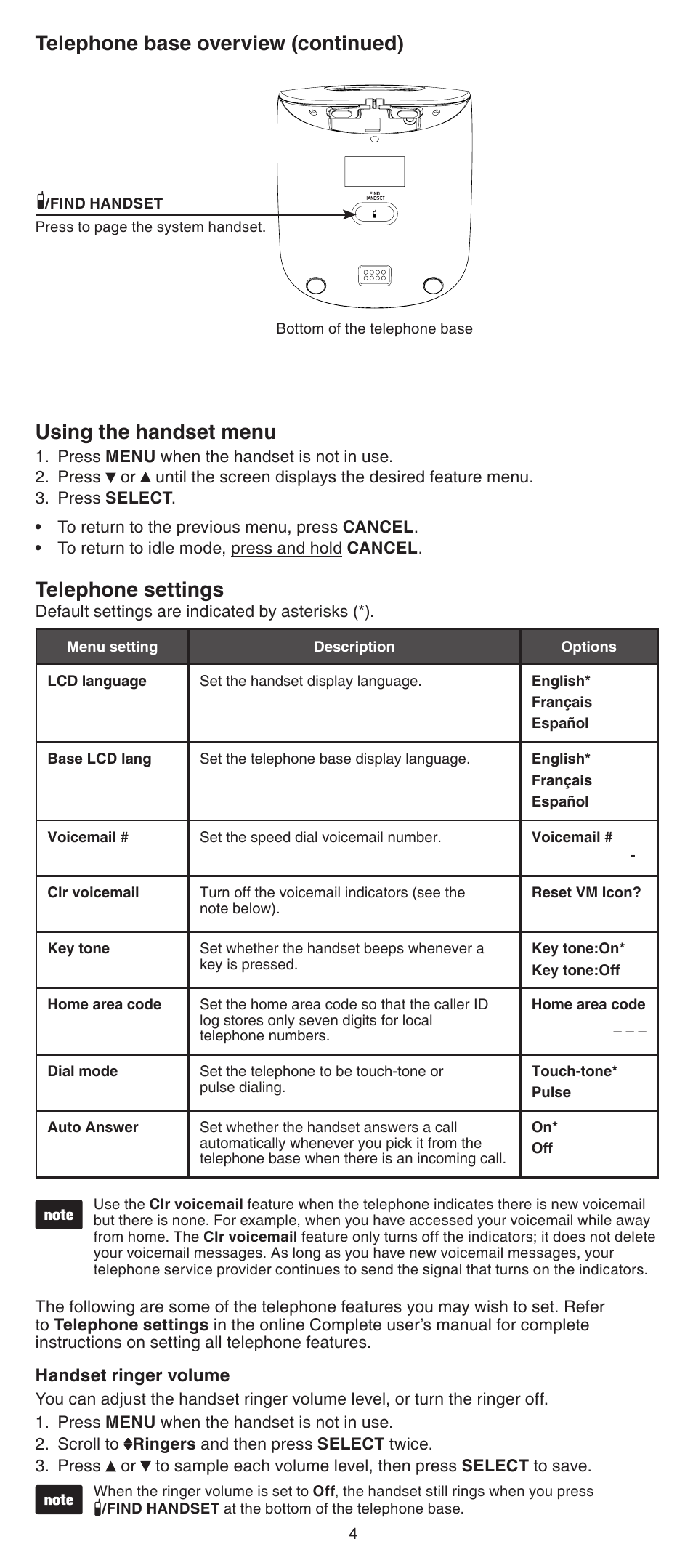Using the handset menu telephone settings, Using the handset menu, Telephone settings | Telephone base overview (continued) | VTech LS6195_-13-15-16-17 Abridged manual User Manual | Page 4 / 14