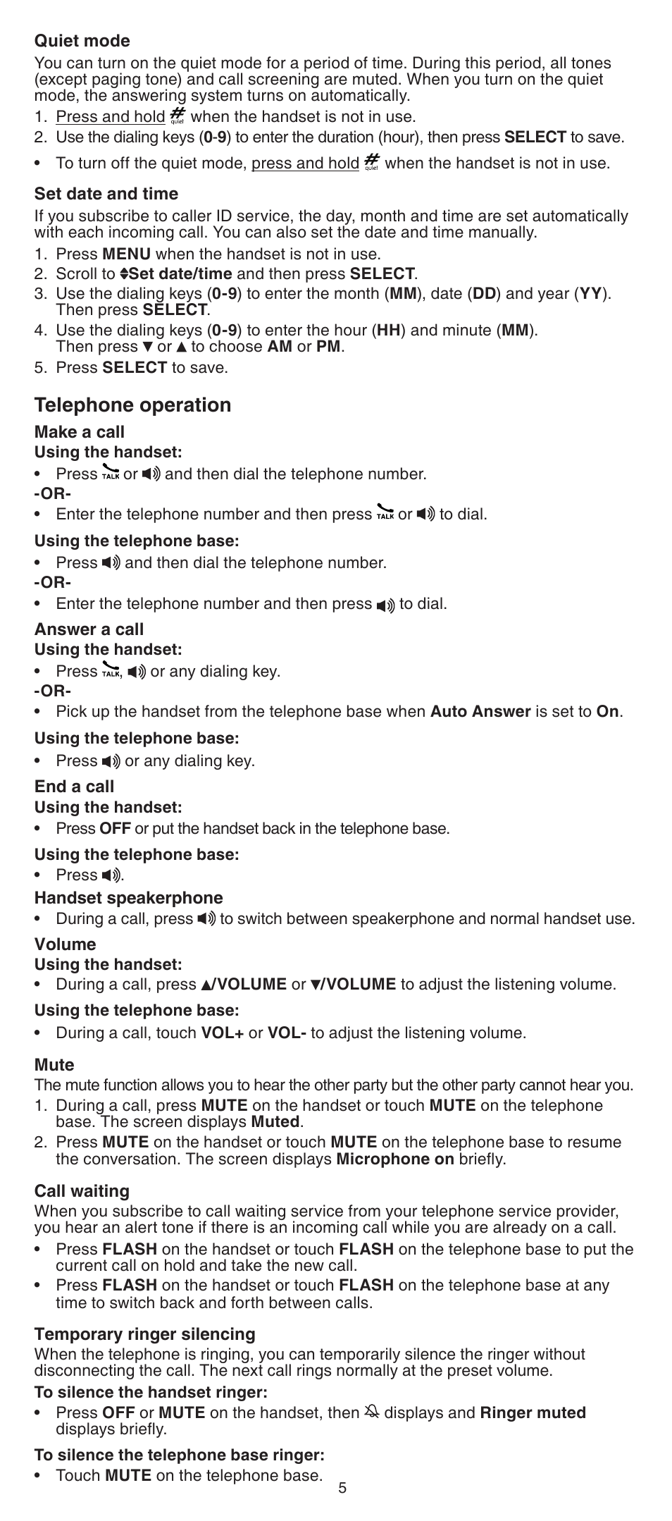 Telephone operation | VTech LS6195_-13-15-16-17 Abridged manual User Manual | Page 5 / 14