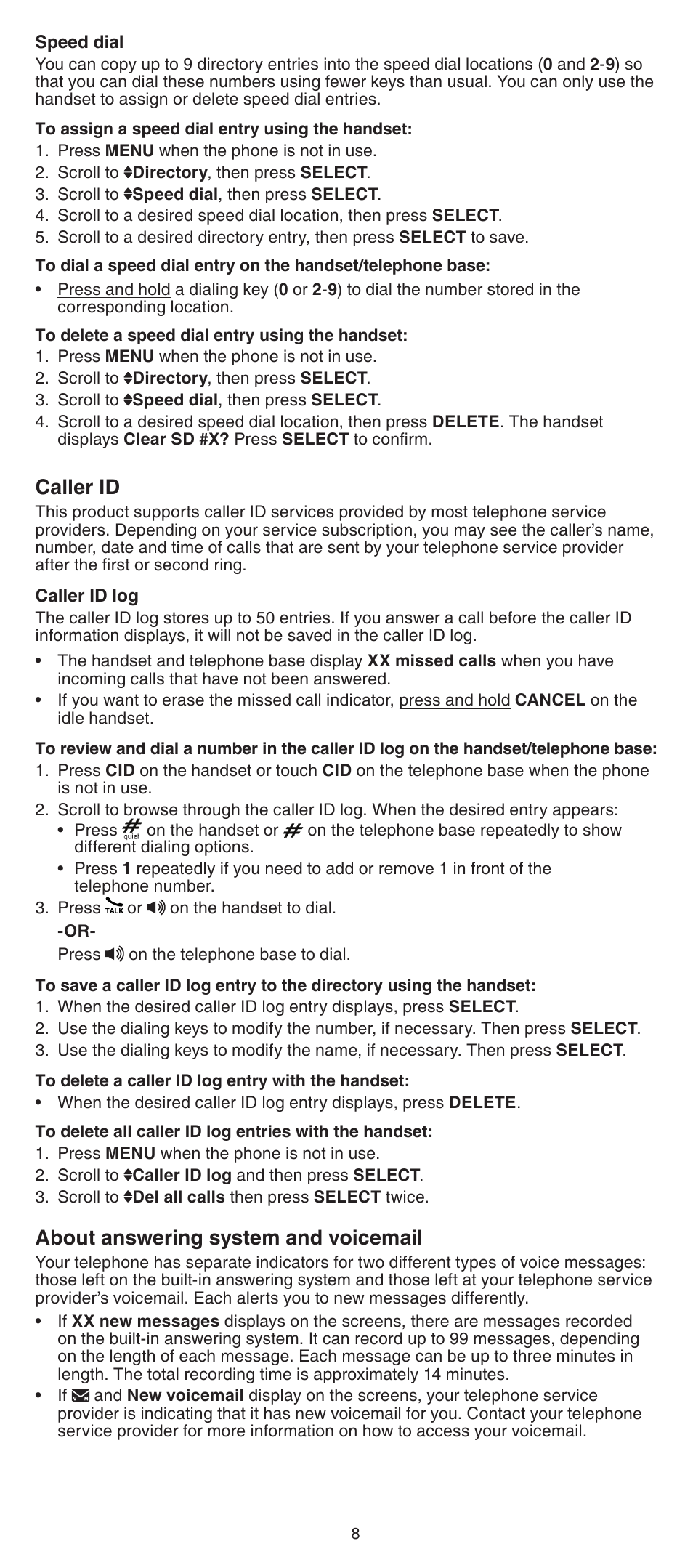 Caller id about answering system and, Voicemail, Caller id | About answering system and voicemail | VTech LS6195_-13-15-16-17 Abridged manual User Manual | Page 8 / 14