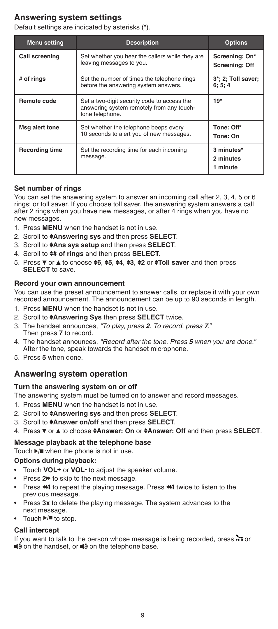 Answering system settings, Answering system operation | VTech LS6195_-13-15-16-17 Abridged manual User Manual | Page 9 / 14