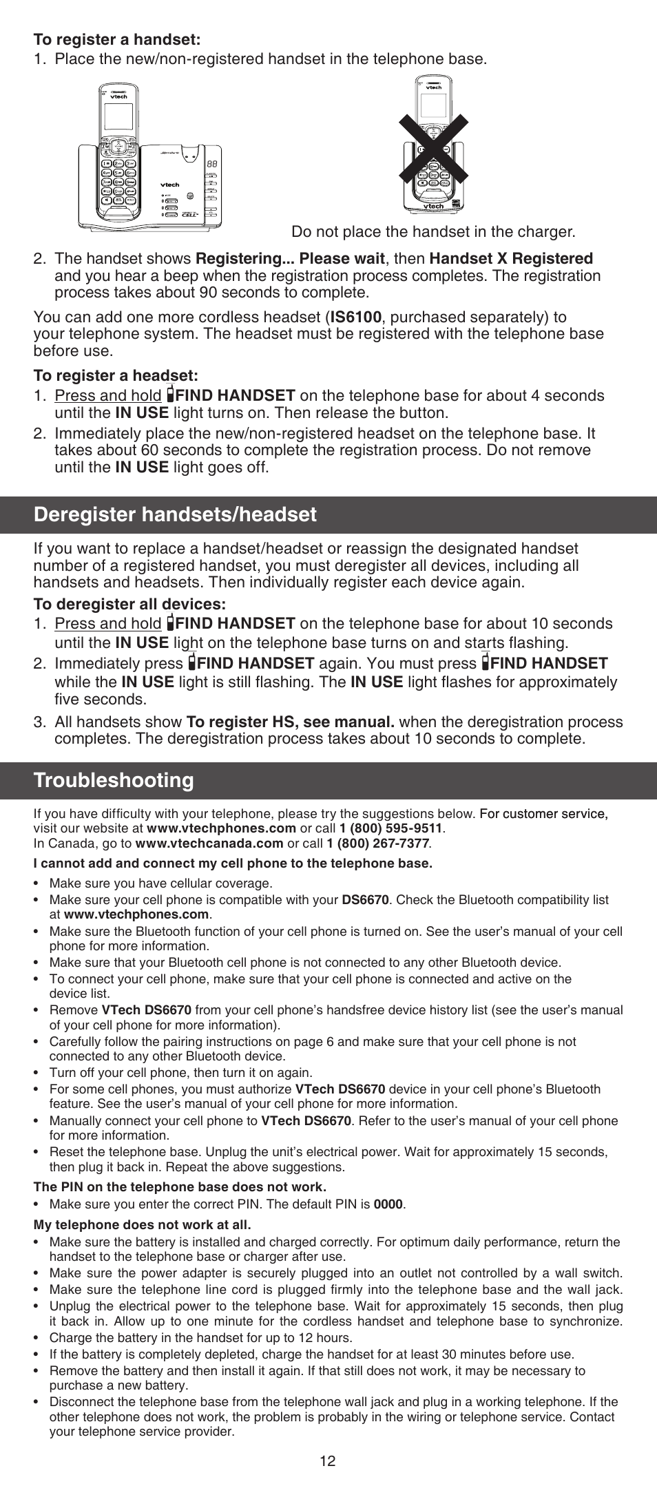 Deregister handsets/headset, Troubleshooting | VTech DS6670-6C Abridged manual User Manual | Page 12 / 16