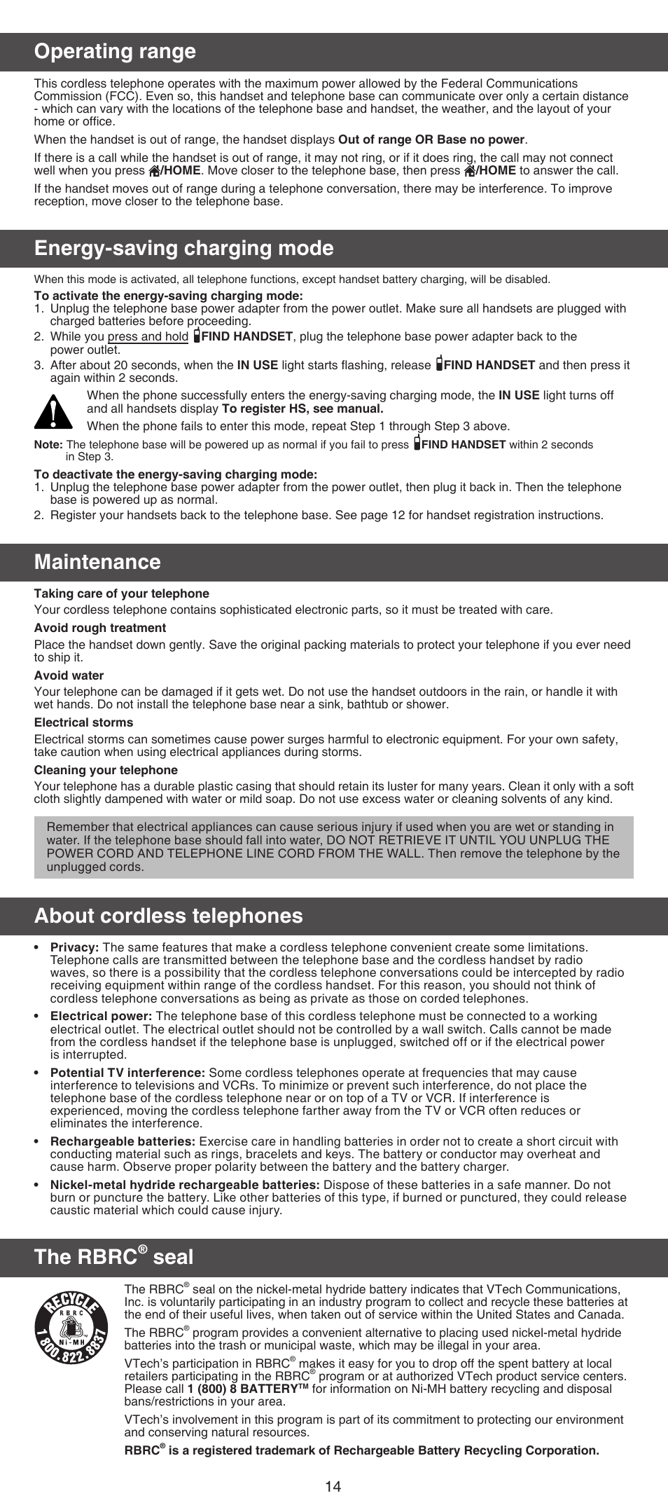 Operating range, Energy-saving charging mode, Maintenance | About cordless telephones, The rbrc, Seal | VTech DS6670-6C Abridged manual User Manual | Page 14 / 16