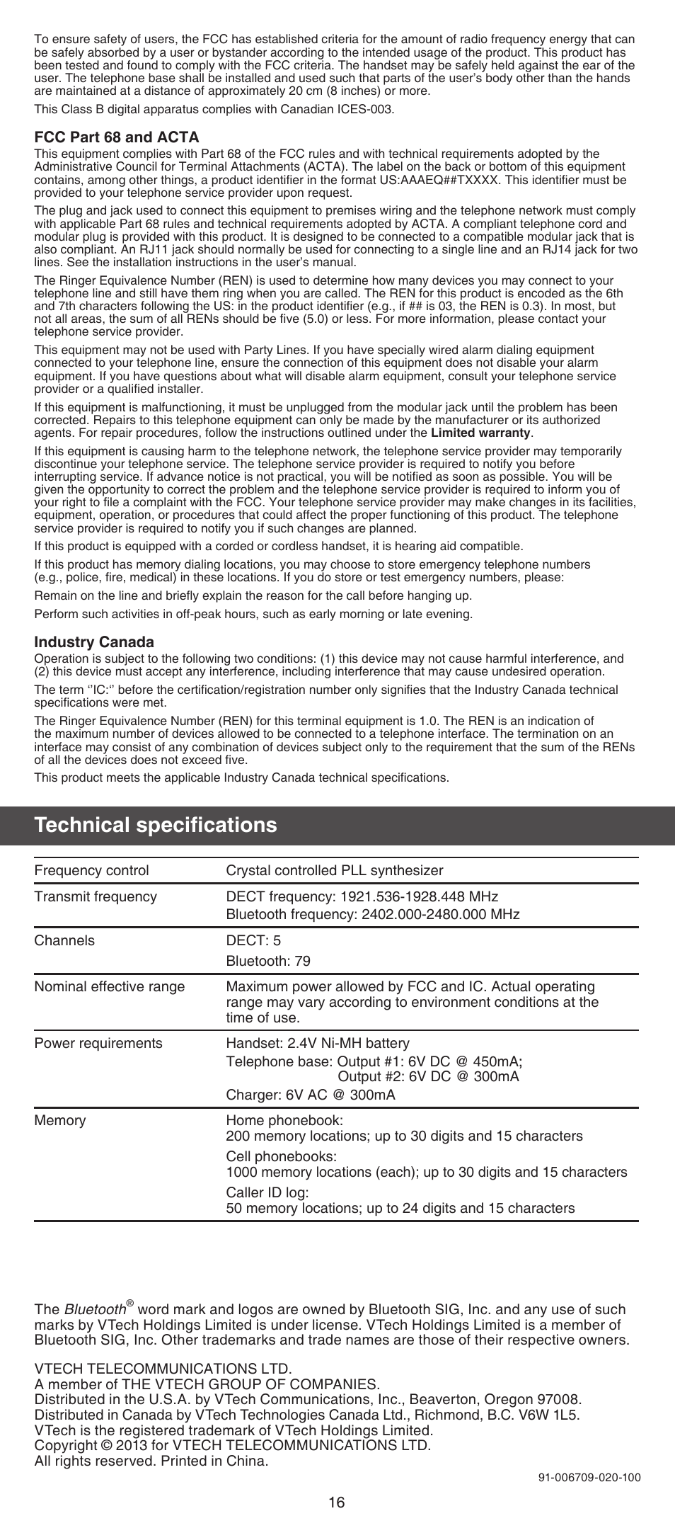 Technical specifications | VTech DS6670-6C Abridged manual User Manual | Page 16 / 16