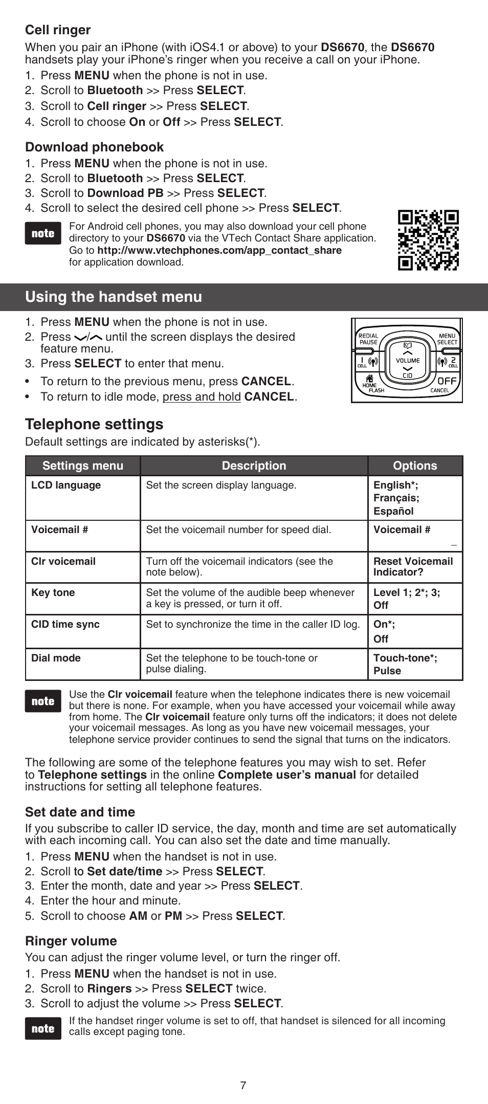 Using the handset menu, Telephone settings | VTech DS6670-6C Abridged manual User Manual | Page 7 / 16
