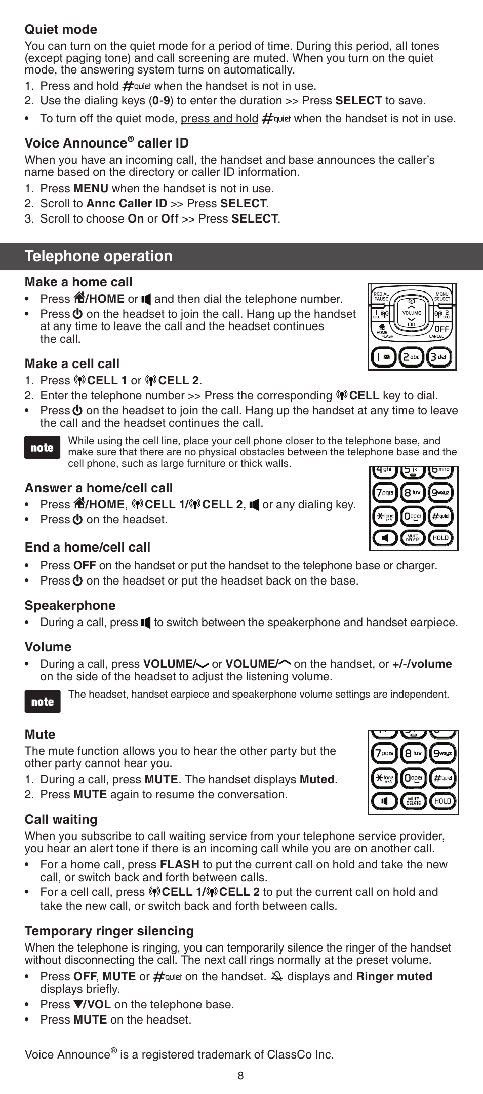 Telephone operation | VTech DS6670-6C Abridged manual User Manual | Page 8 / 16