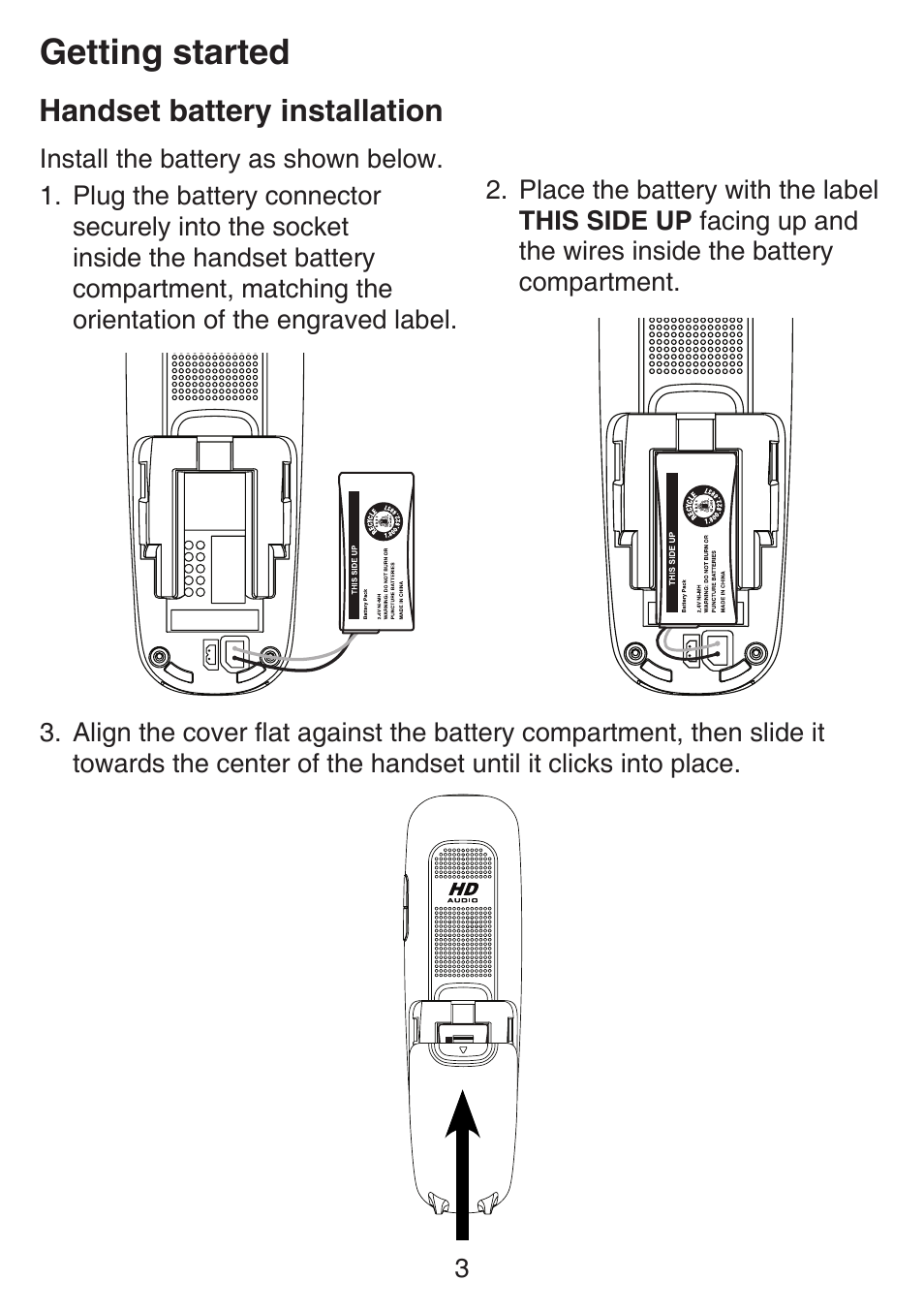 Battery installation, Handset battery installation, Getting started | VTech SN6197_-2 Manual User Manual | Page 10 / 162