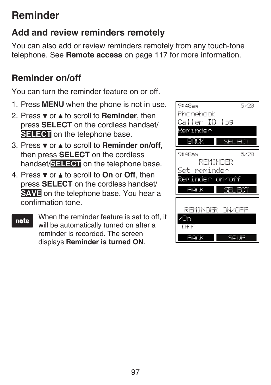 Reminder, Add and review reminders remotely, Reminder on/off | VTech SN6197_-2 Manual User Manual | Page 104 / 162