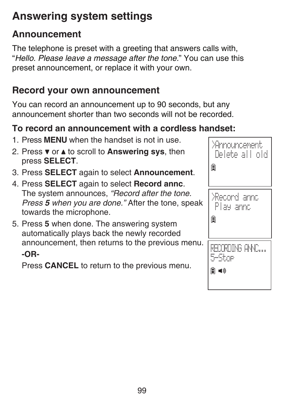 Answering system settings, Announcement, Record your own announcement | VTech SN6197_-2 Manual User Manual | Page 106 / 162