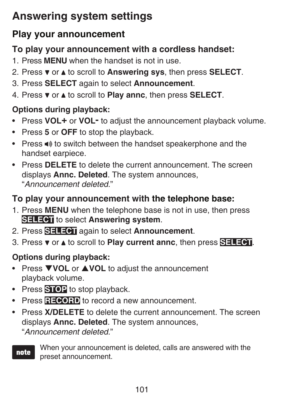 Answering system settings, Play your announcement | VTech SN6197_-2 Manual User Manual | Page 108 / 162