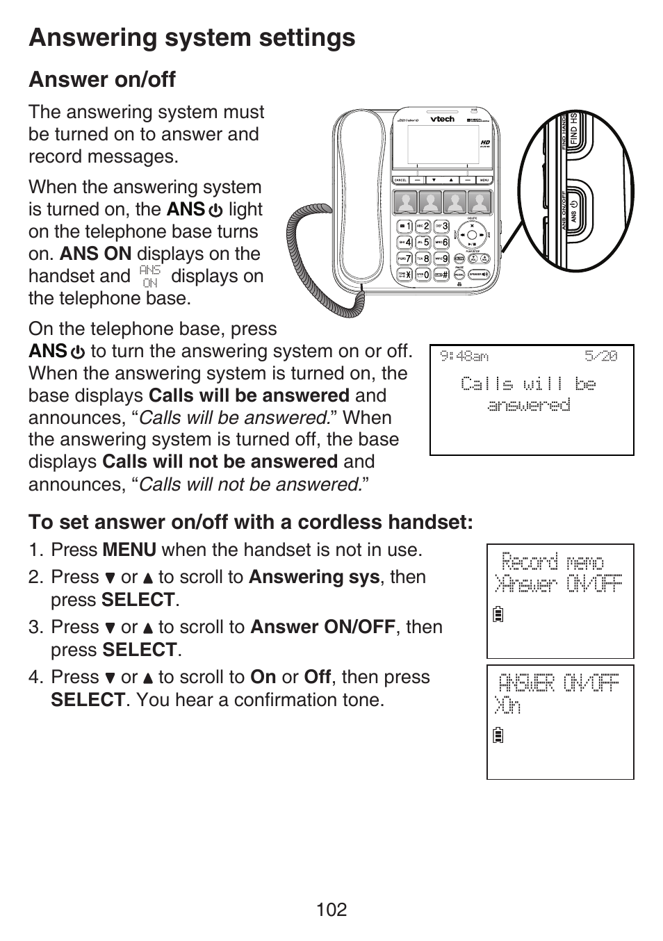 Answering system settings, Answer on/off | VTech SN6197_-2 Manual User Manual | Page 109 / 162