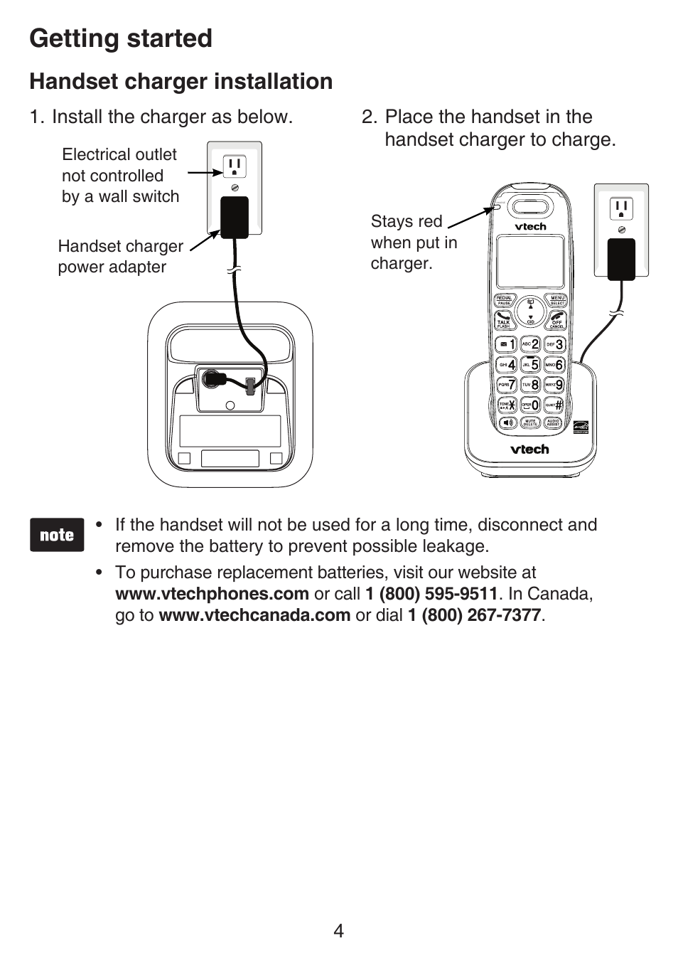 Handset charger installation, Getting started | VTech SN6197_-2 Manual User Manual | Page 11 / 162