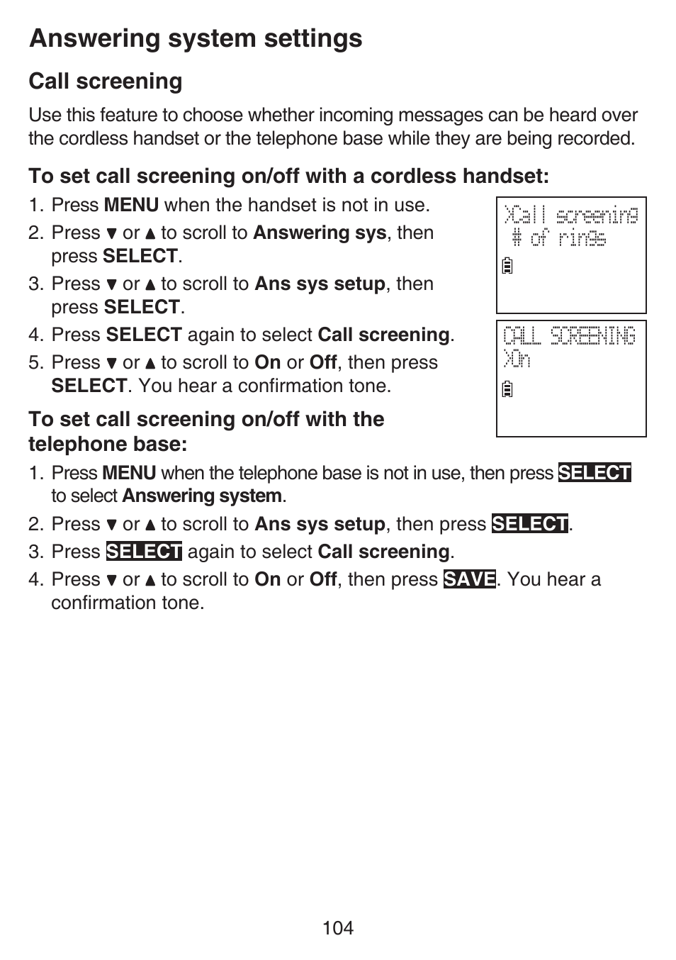 Answering system settings, Call screening | VTech SN6197_-2 Manual User Manual | Page 111 / 162