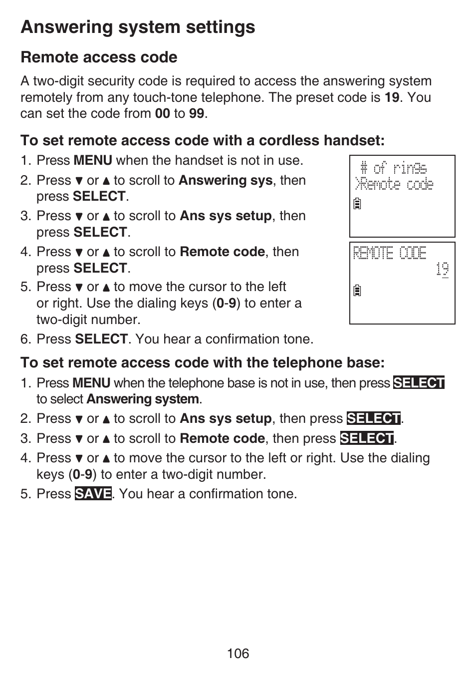 Answering system settings, Remote access code | VTech SN6197_-2 Manual User Manual | Page 113 / 162